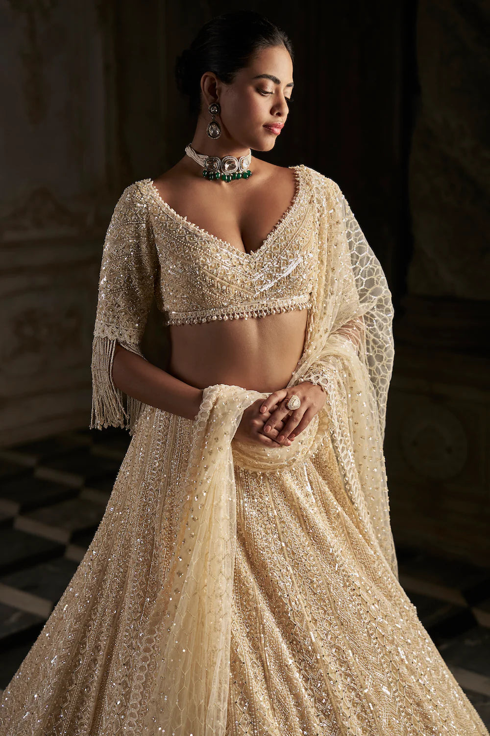 Seema Gujral - Cream Pearl Lehenga Set