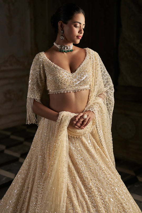 Seema Gujral - Cream Pearl Lehenga Set