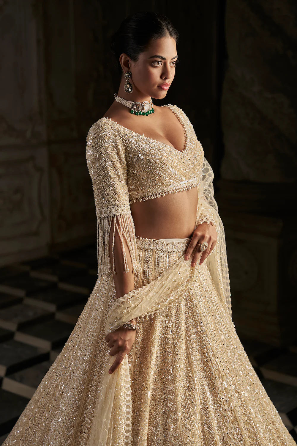 Seema Gujral - Cream Pearl Lehenga Set