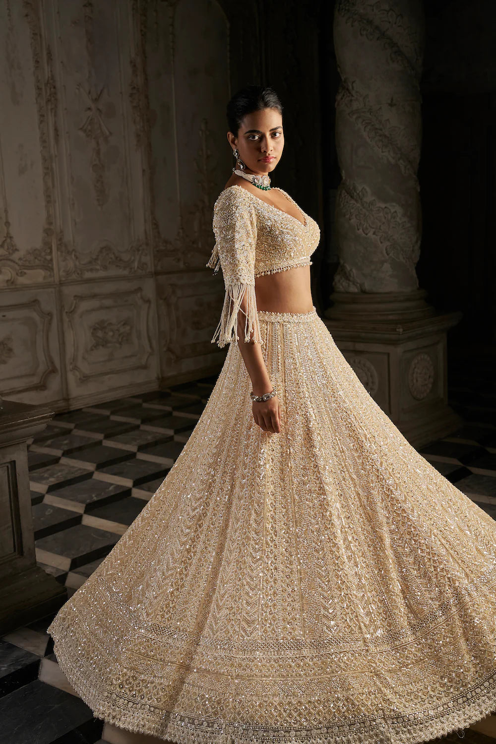 Seema Gujral - Cream Pearl Lehenga Set