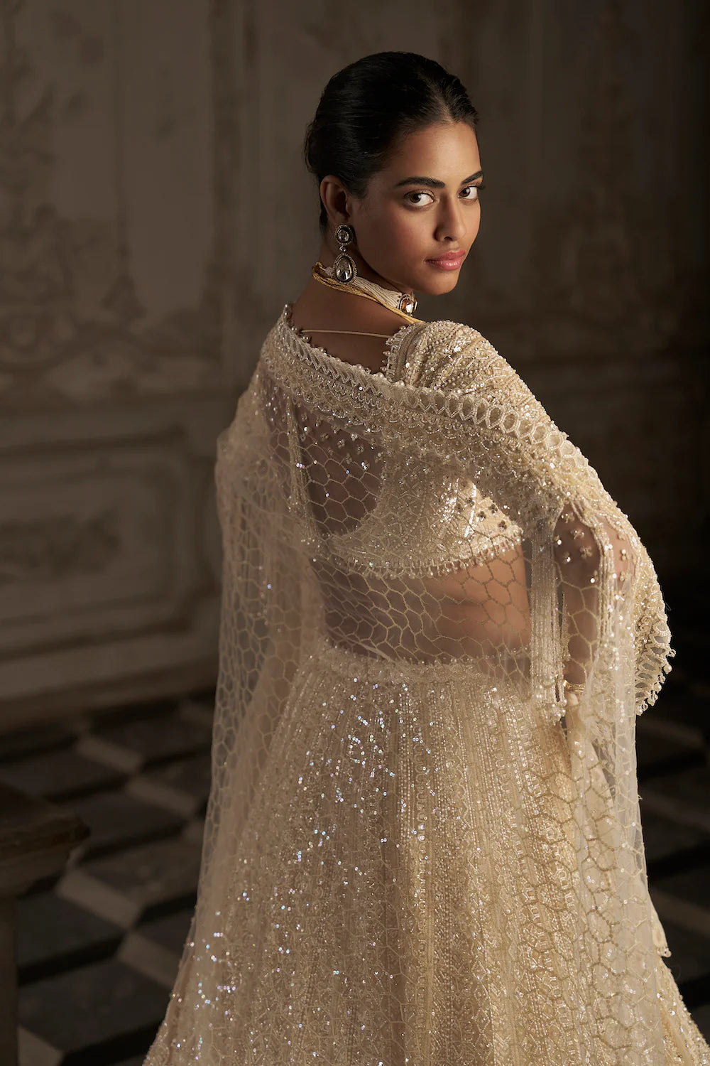 Seema Gujral - Cream Pearl Lehenga Set