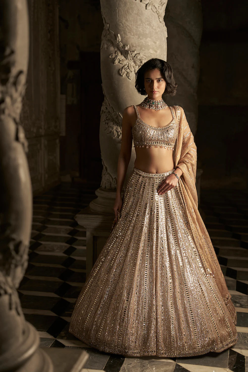 Seema Gujral - Gold Mirror Work Lehenga Set