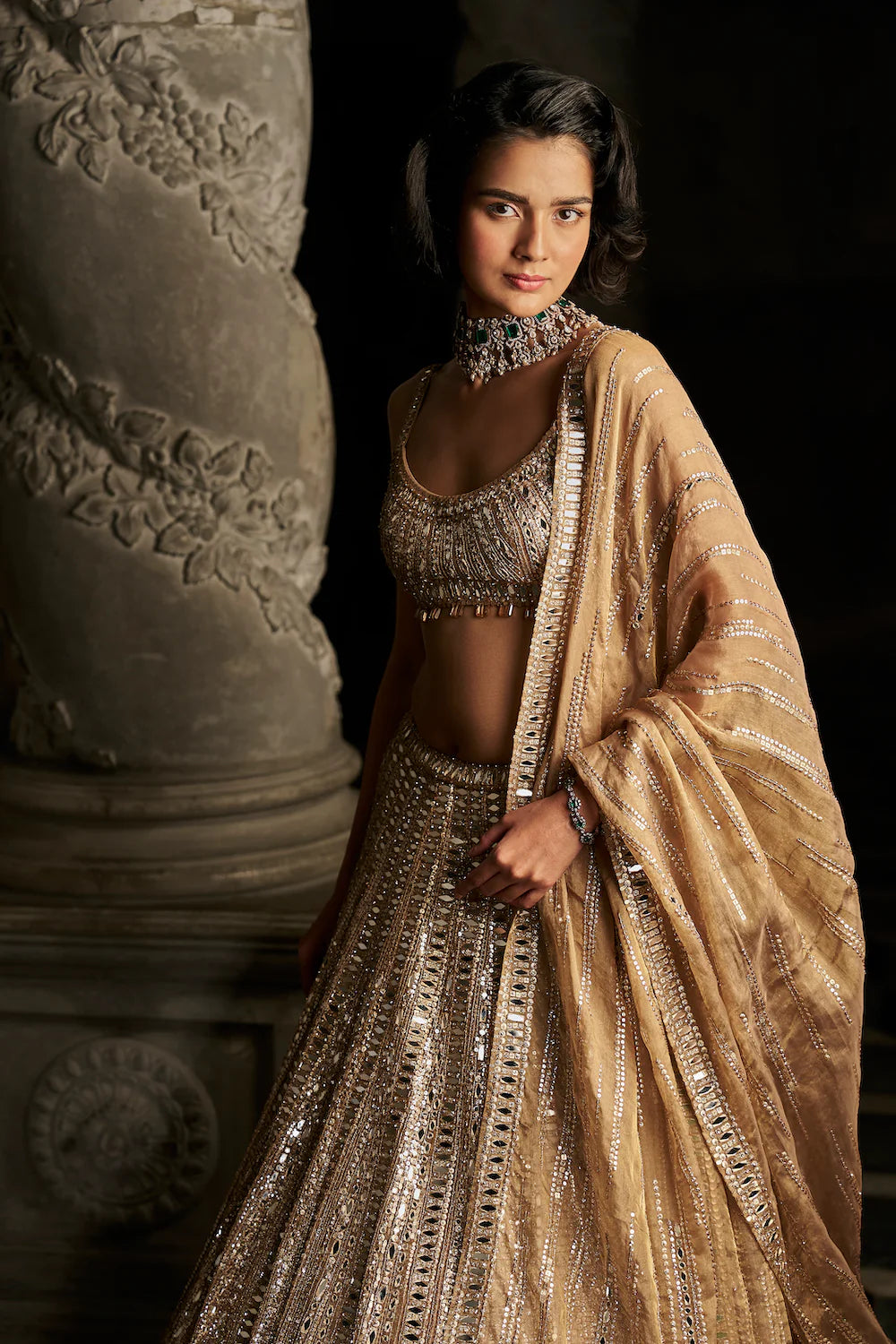 Seema Gujral - Gold Mirror Work Lehenga Set