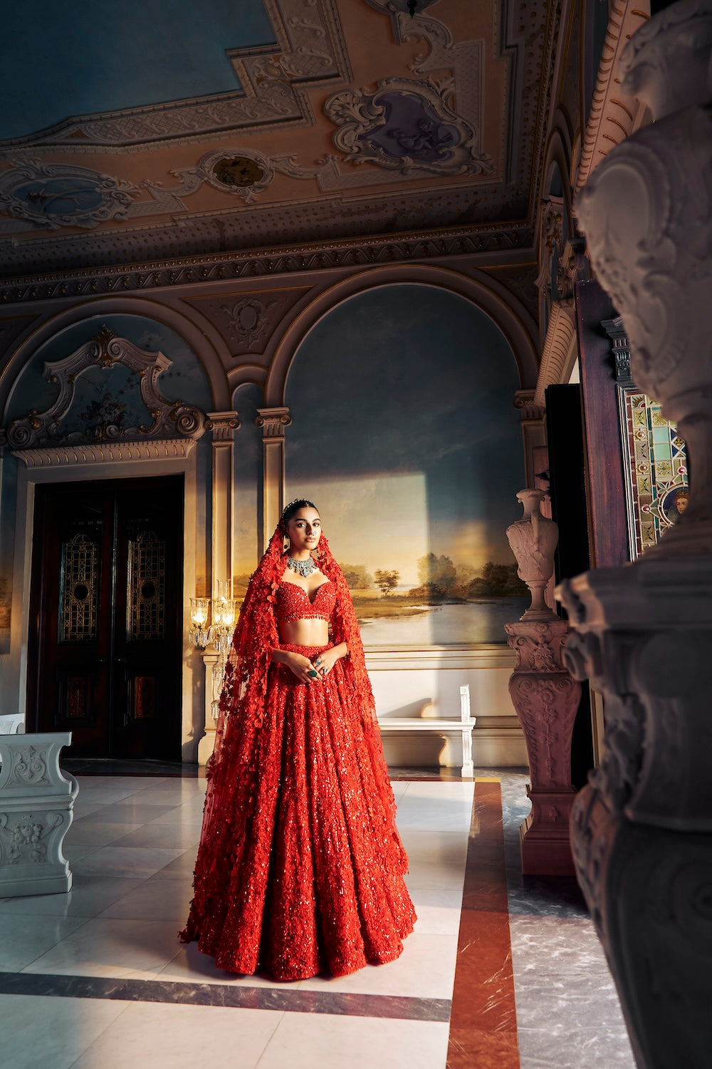Seema Gujral - Red Three-Dimensional Floral Lehenga Set