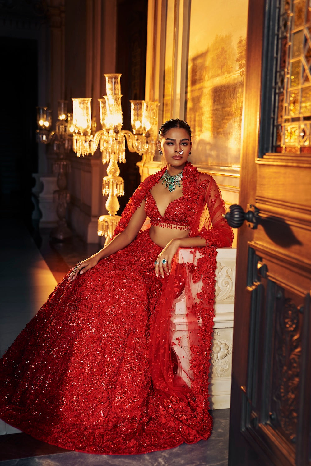 Seema Gujral - Red Three-Dimensional Floral Lehenga Set