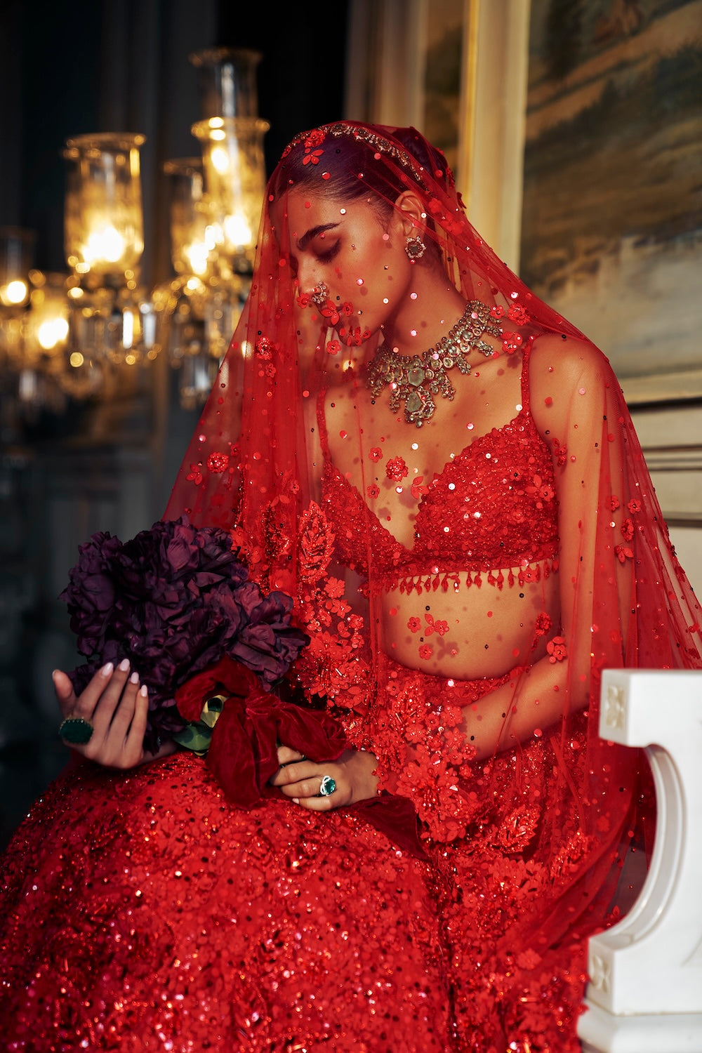 Seema Gujral - Red Three-Dimensional Floral Lehenga Set