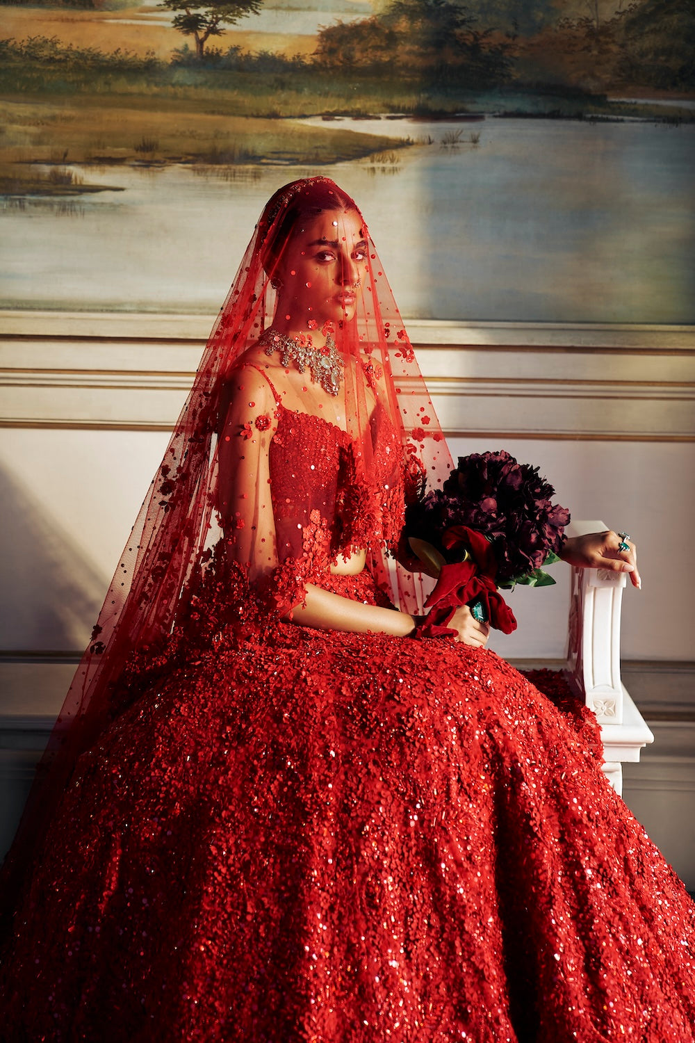 Seema Gujral - Red Three-Dimensional Floral Lehenga Set