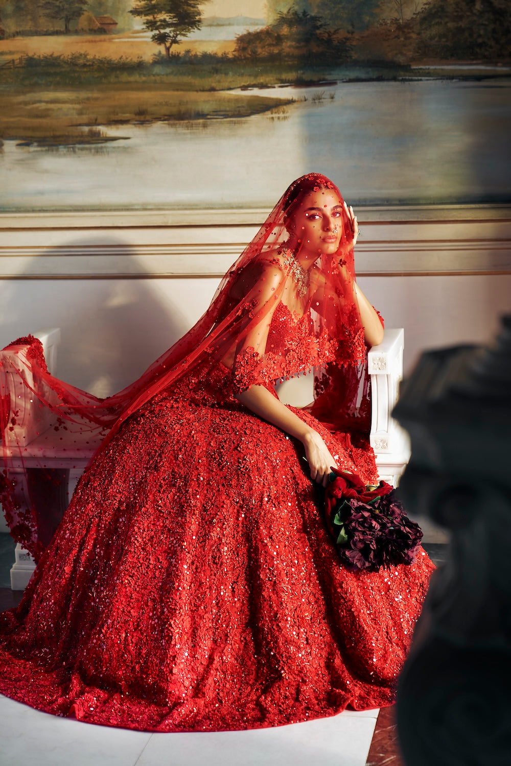 Seema Gujral - Red Three-Dimensional Floral Lehenga Set