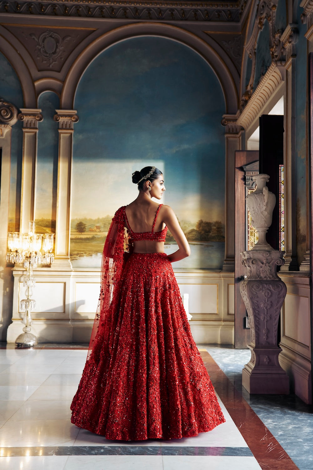 Seema Gujral - Red Three-Dimensional Floral Lehenga Set