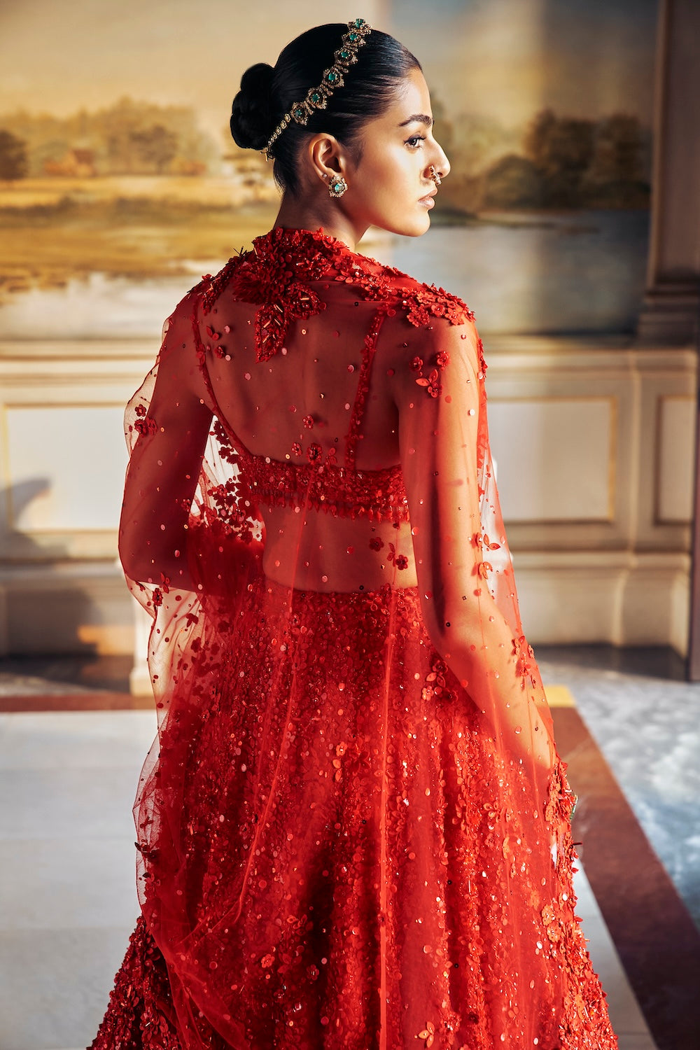 Seema Gujral - Red Three-Dimensional Floral Lehenga Set