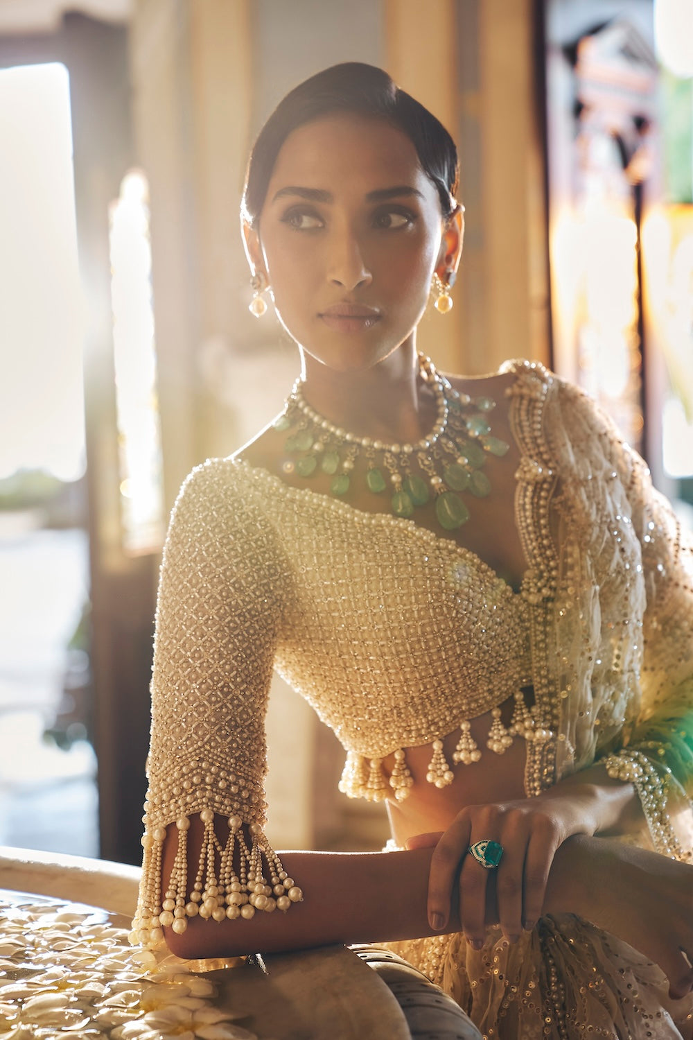 Seema Gujral - Ivory Pearl Lehenga Set
