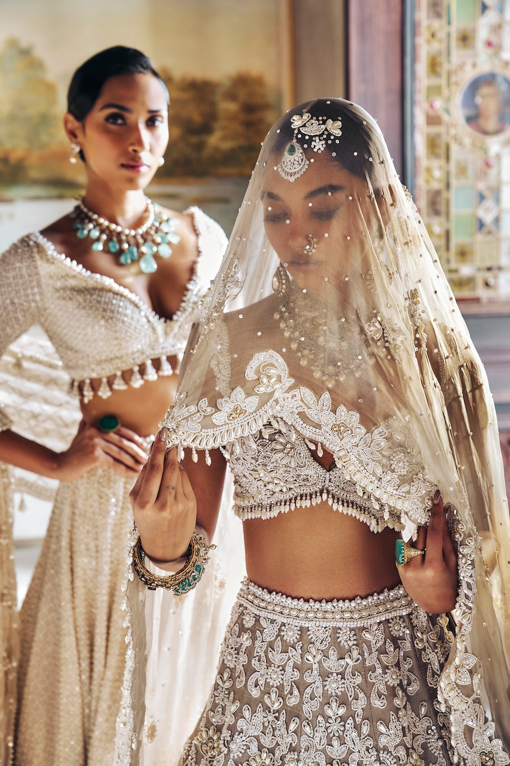 Seema Gujral - Nude Pearl Cut Work Lehenga Set