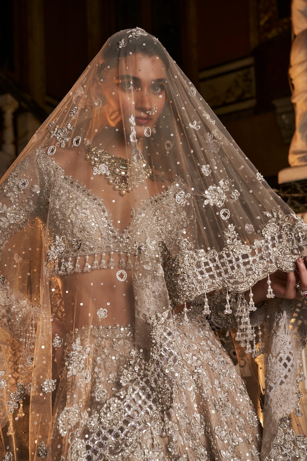 Seema Gujral - Nude Silver Cut Work Lehenga Set