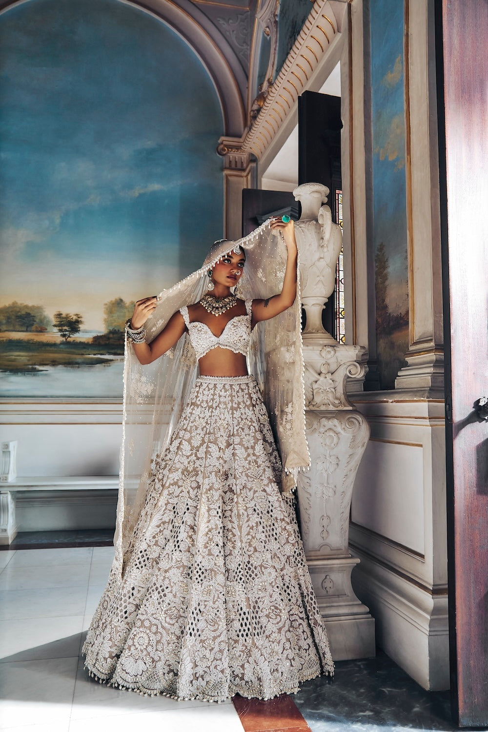Seema Gujral - Nude Pearl Cut Work Lehenga Set