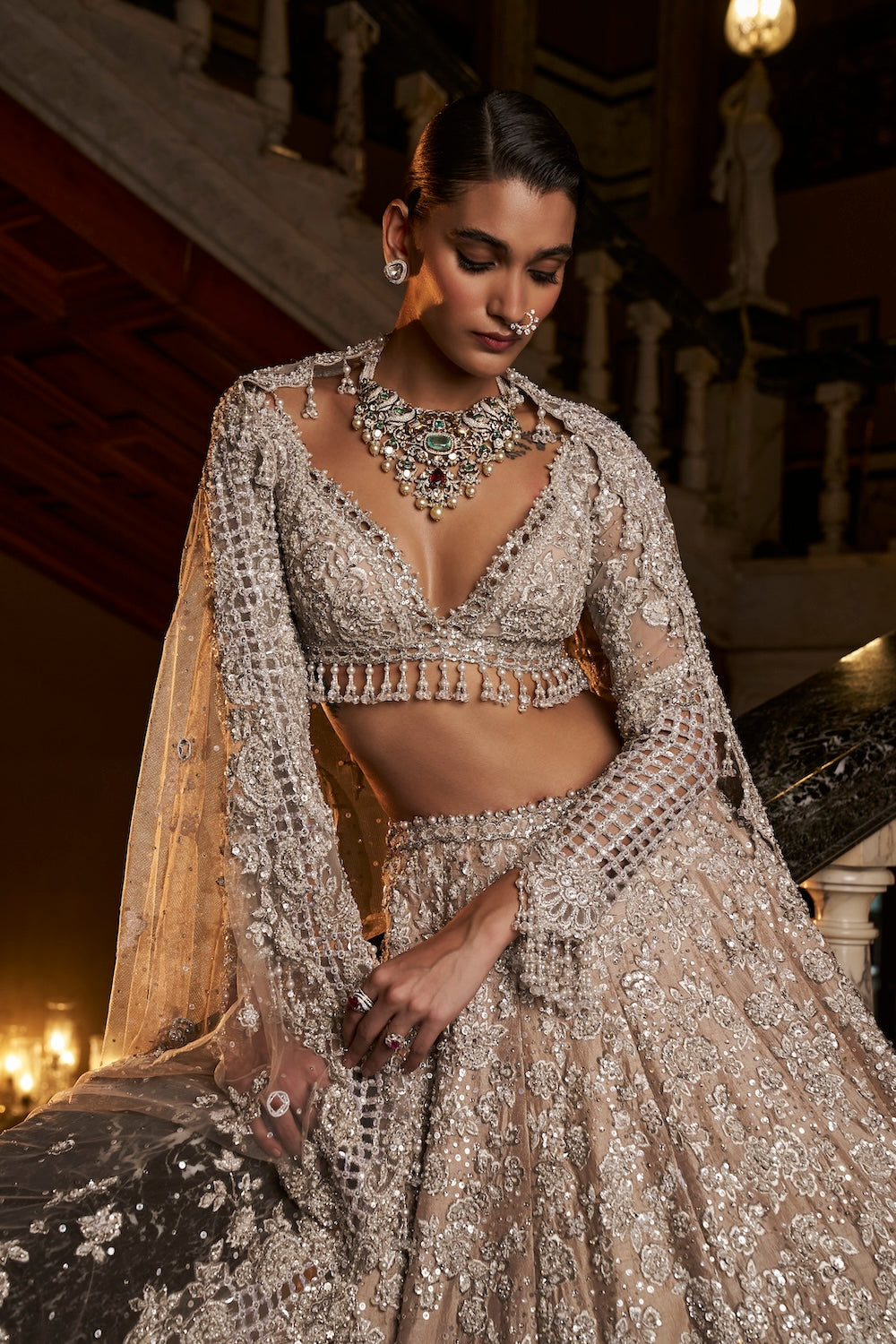 Seema Gujral - Nude Silver Cut Work Lehenga Set