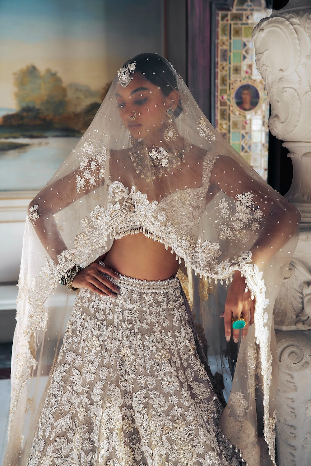 Seema Gujral - Nude Pearl Cut Work Lehenga Set