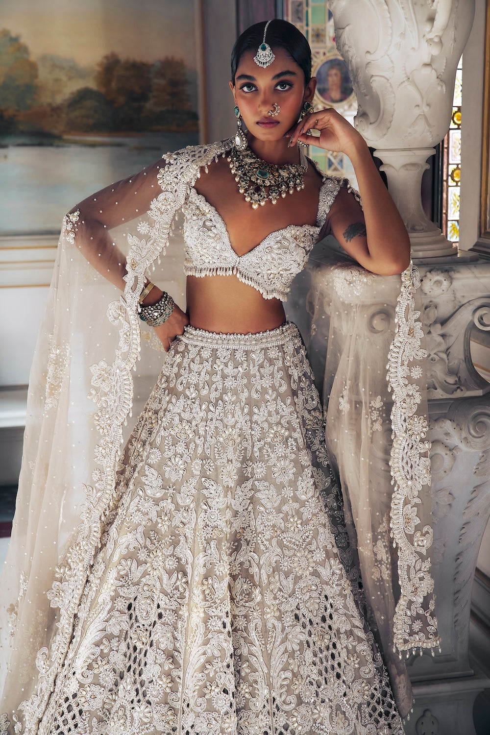 Seema Gujral - Nude Pearl Cut Work Lehenga Set