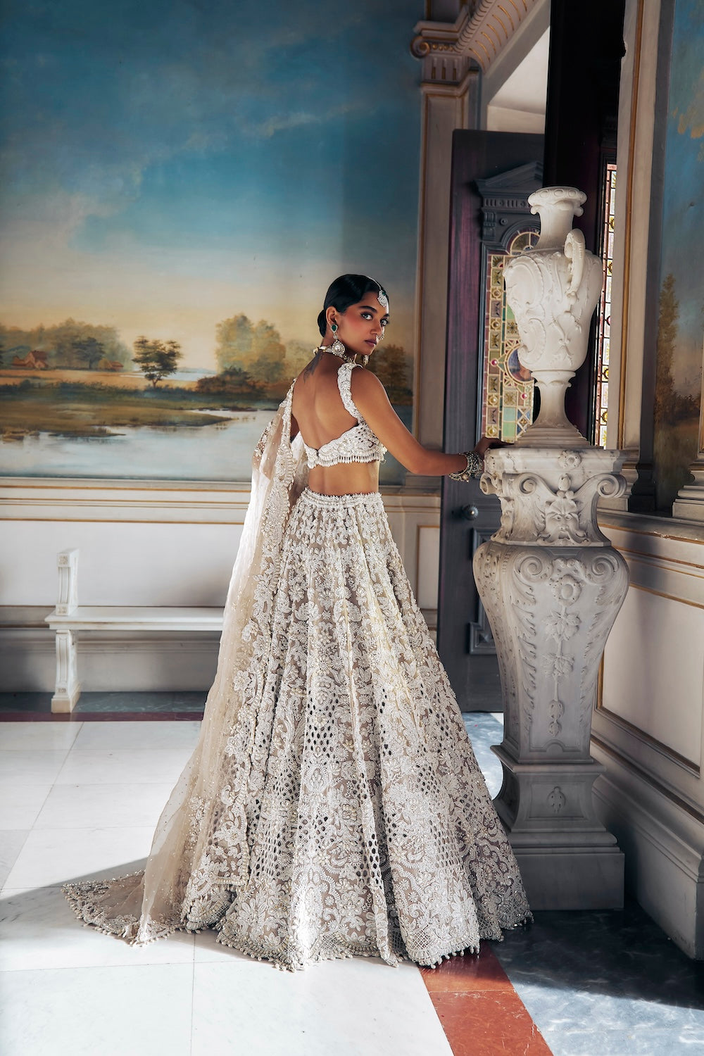 Seema Gujral - Nude Pearl Cut Work Lehenga Set