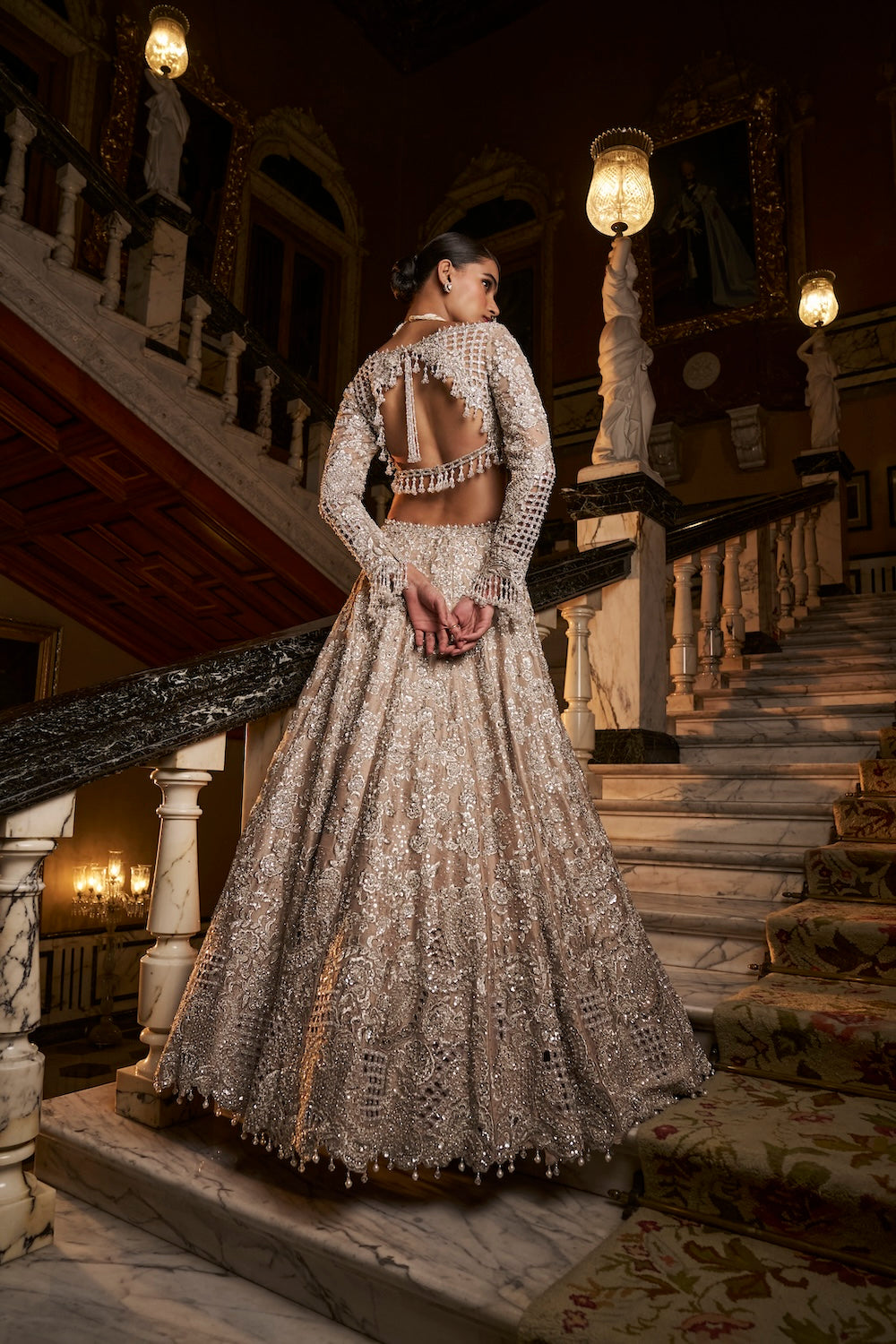 Seema Gujral - Nude Silver Cut Work Lehenga Set