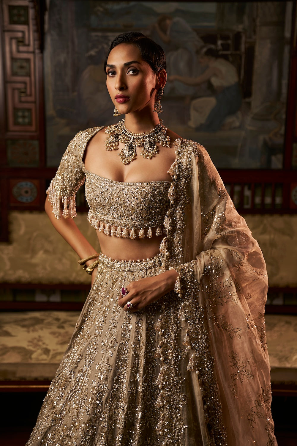 Seema Gujral - Gold Silver Tissue Lehenga Set