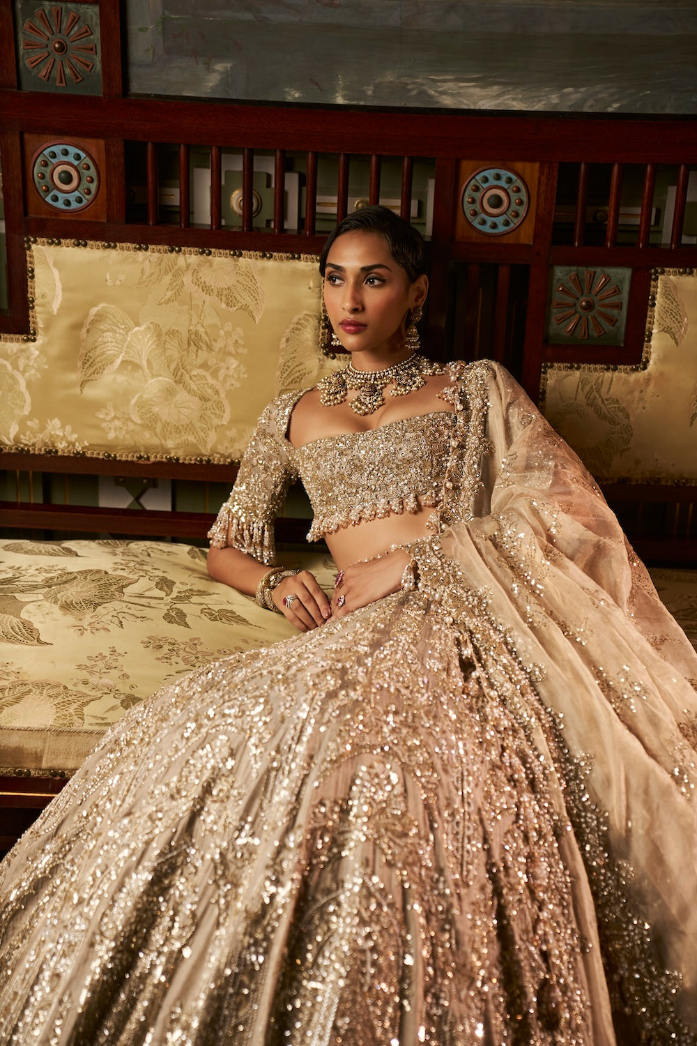 Seema Gujral - Gold Silver Tissue Lehenga Set