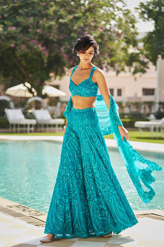 Seema Gujral - Turquoise Paisley Sharara Set