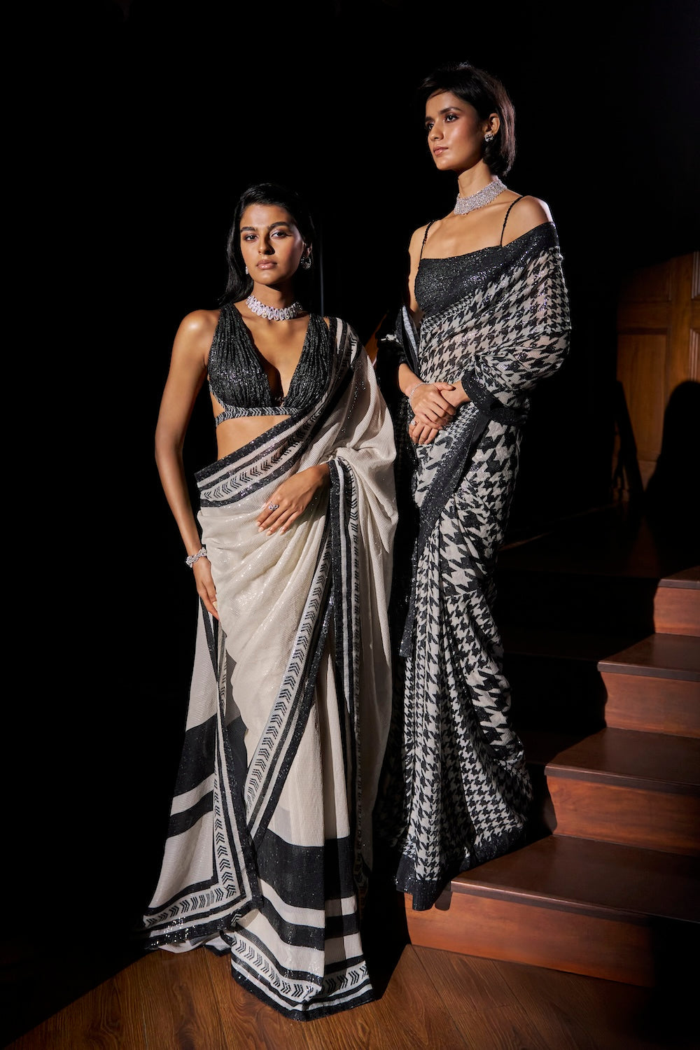 Seema Gujral - Black & White Sequin Georgette Saree