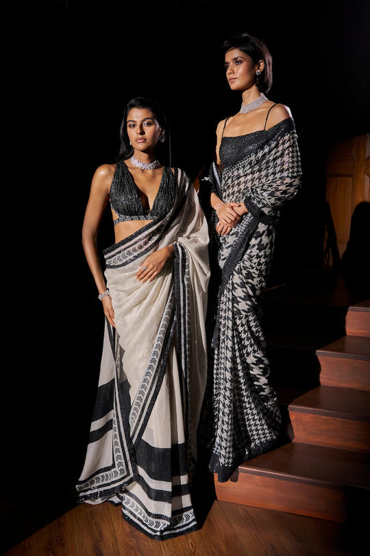 Seema Gujral - Black & White Sequin Georgette Saree