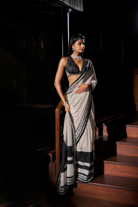 Seema Gujral - Black & White Sequin Georgette Saree