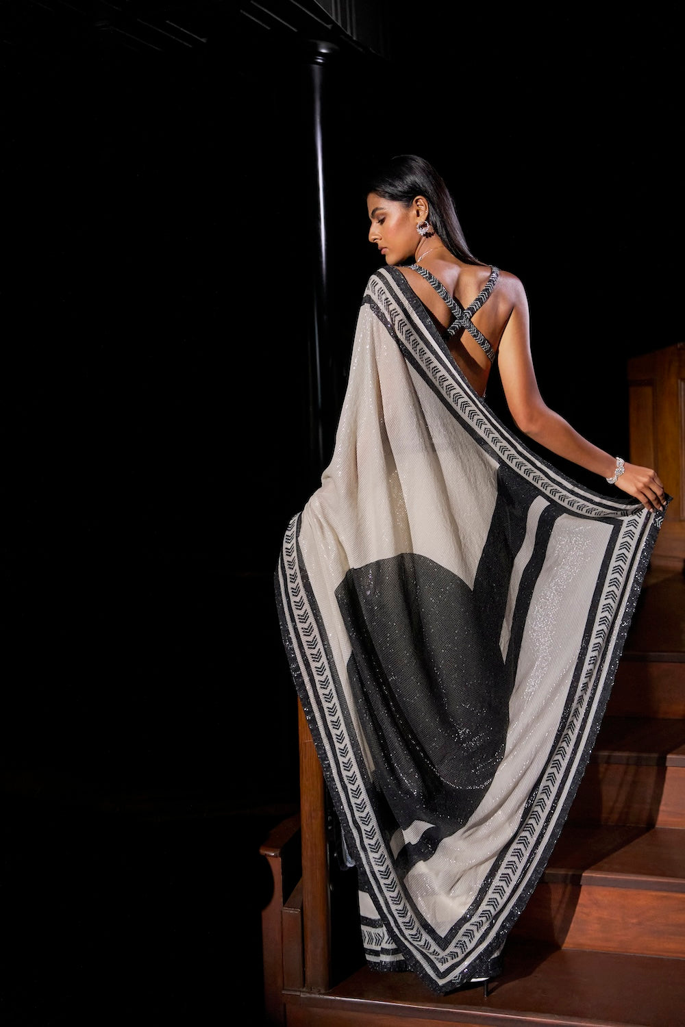 Seema Gujral - Black & White Sequin Georgette Saree