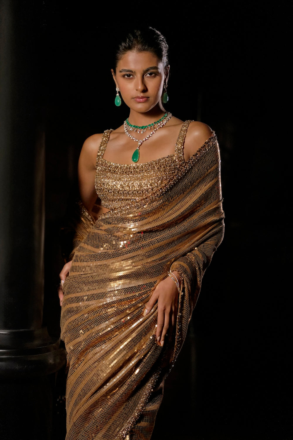 Seema Gujral - Antique Gold Sequin Georgette Saree