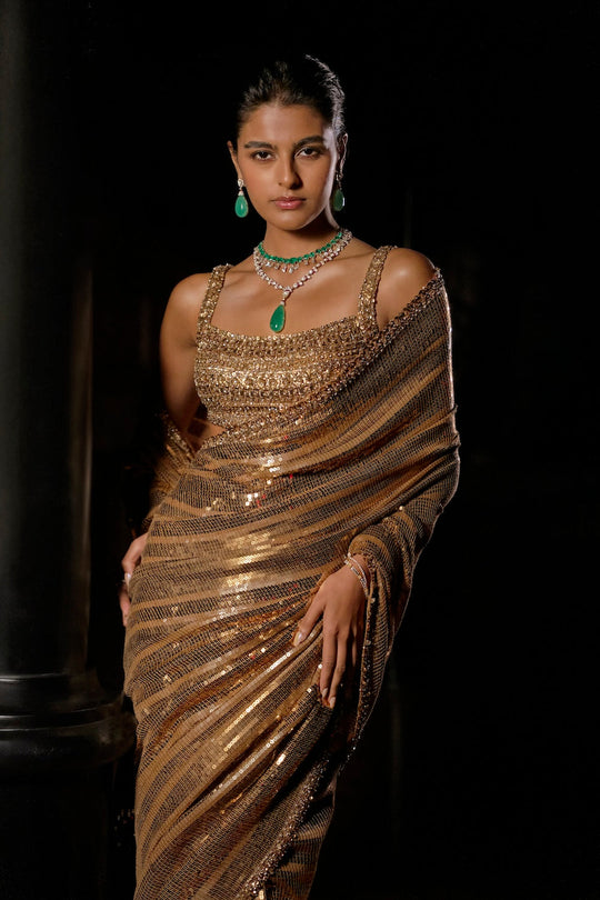 Seema Gujral - Antique Gold Sequin Georgette Saree