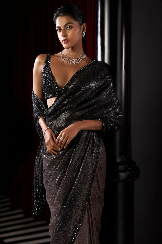 Seema Gujral - Coffee Ombre Sequin Georgette Saree