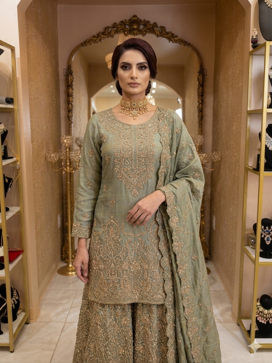 Sage Green Silk Sharara Set