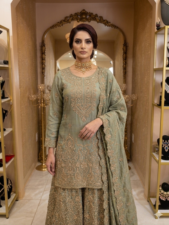 Sage Green Silk Sharara Set with Gold Zardosi Embroidery