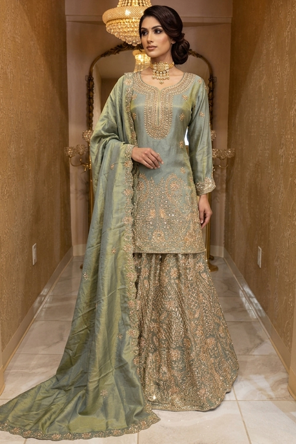 Sage Green Silk Sharara Set
