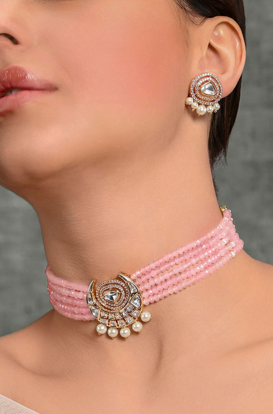 Scintillating Pink Beaded Choker With Earrings - Joules by Radhika 