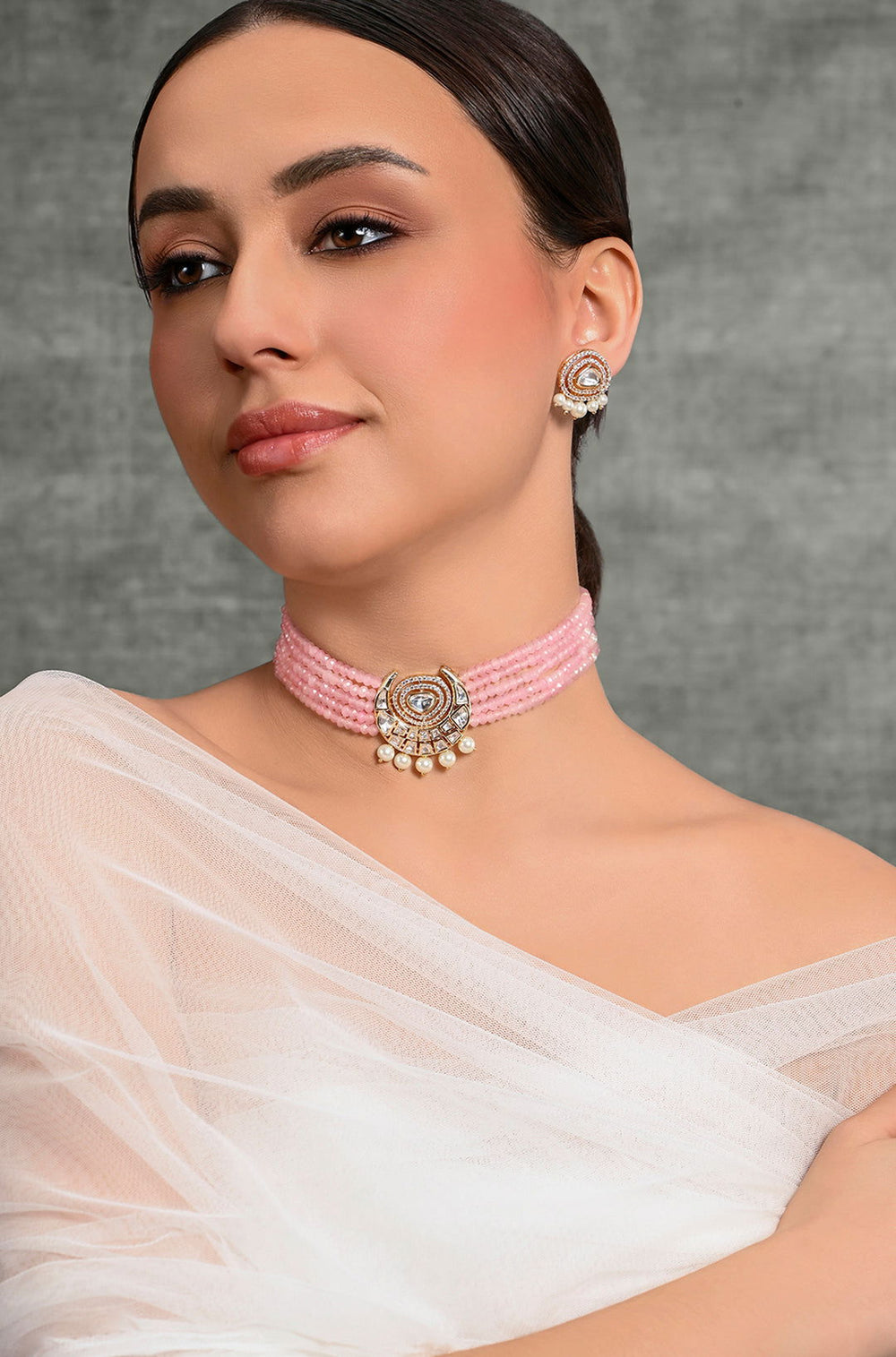 Scintillating Pink Beaded Choker With Earrings - Joules by Radhika 