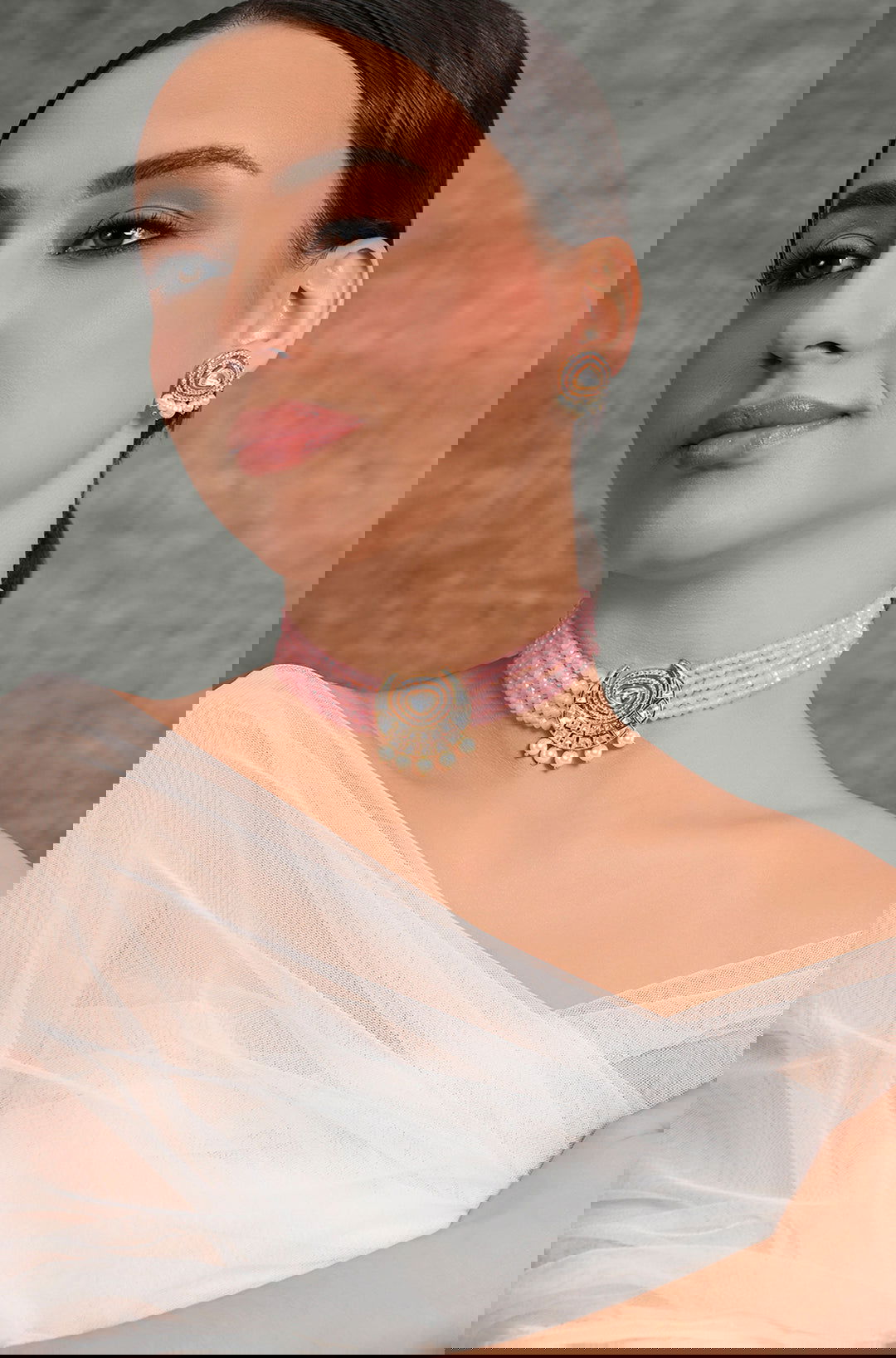 Scintillating Pink Beaded Choker With Earrings - Joules by Radhika 