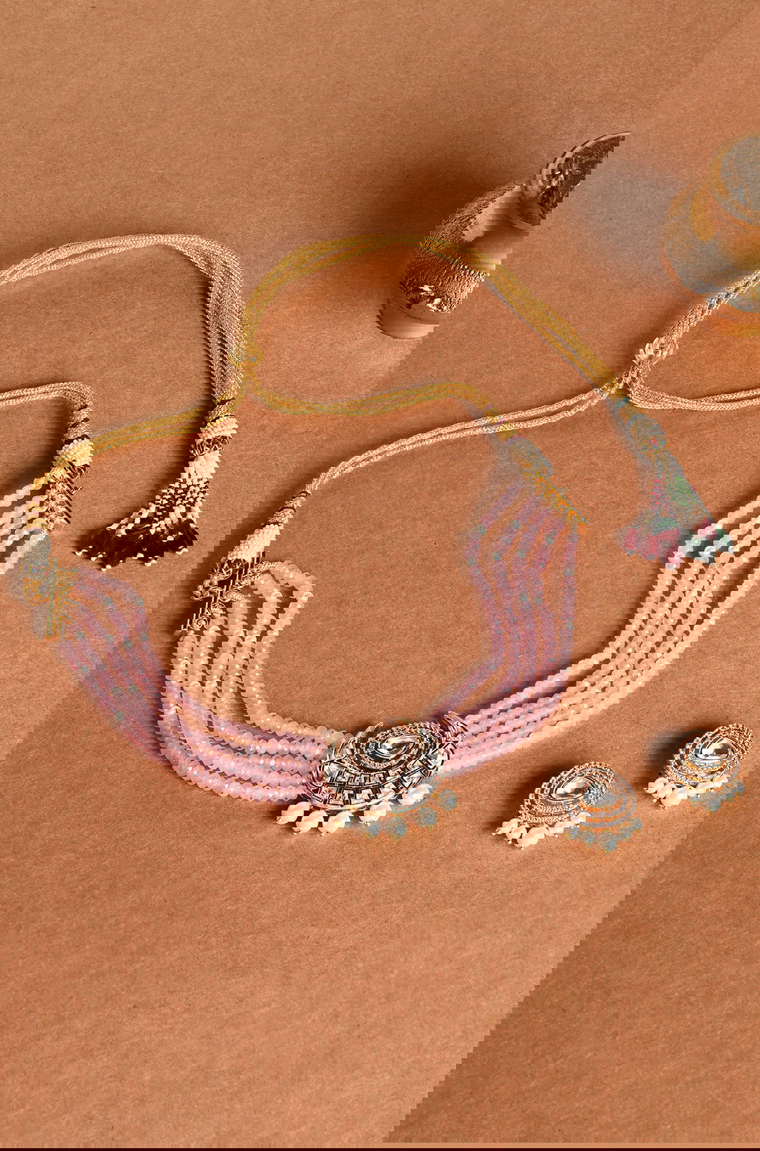 Scintillating Pink Beaded Choker With Earrings - Joules by Radhika 