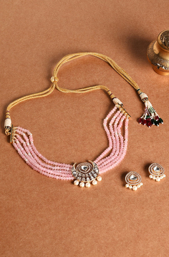 Scintillating Pink Beaded Choker With Earrings - Joules by Radhika 