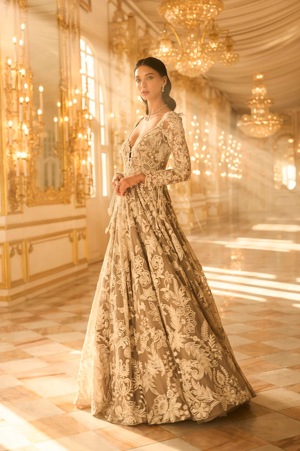 Seema Gujral - Slate Grey Floral Gown