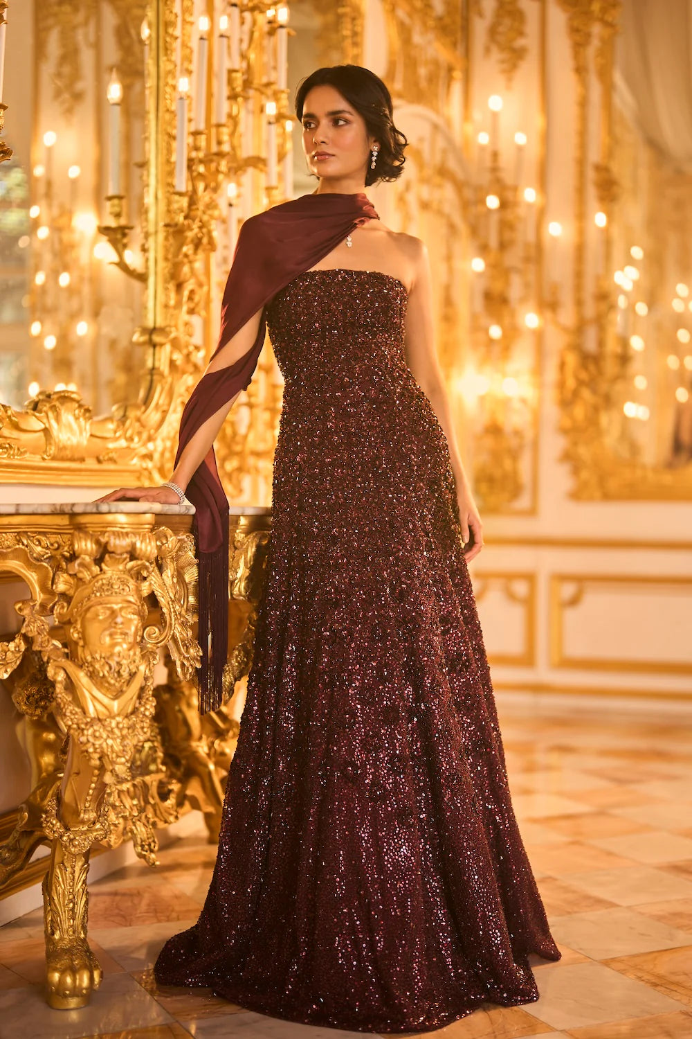 Seema Gujral - Wine Sequin Gown