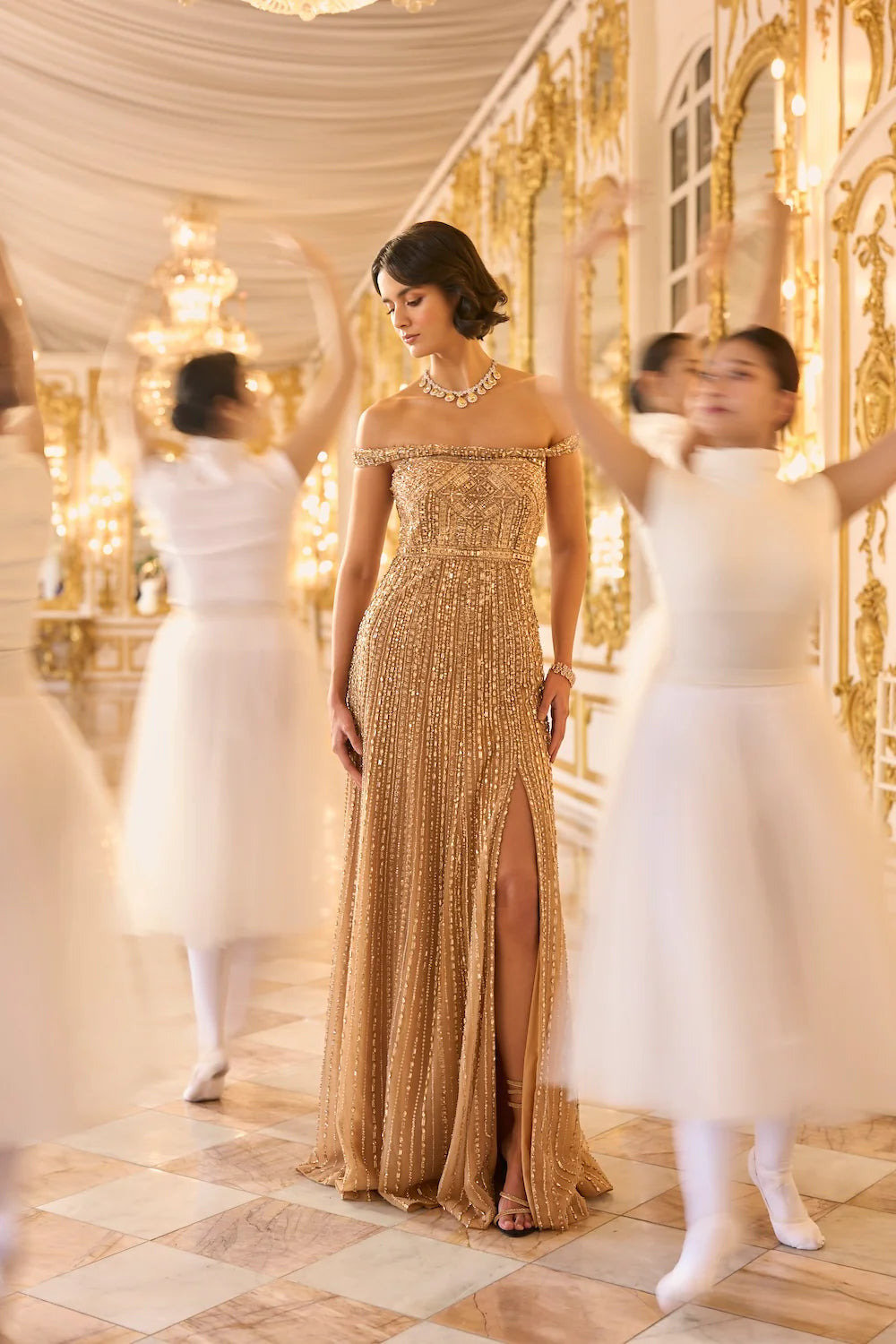 Seema Gujral - Off Shoulder Gold Gown
