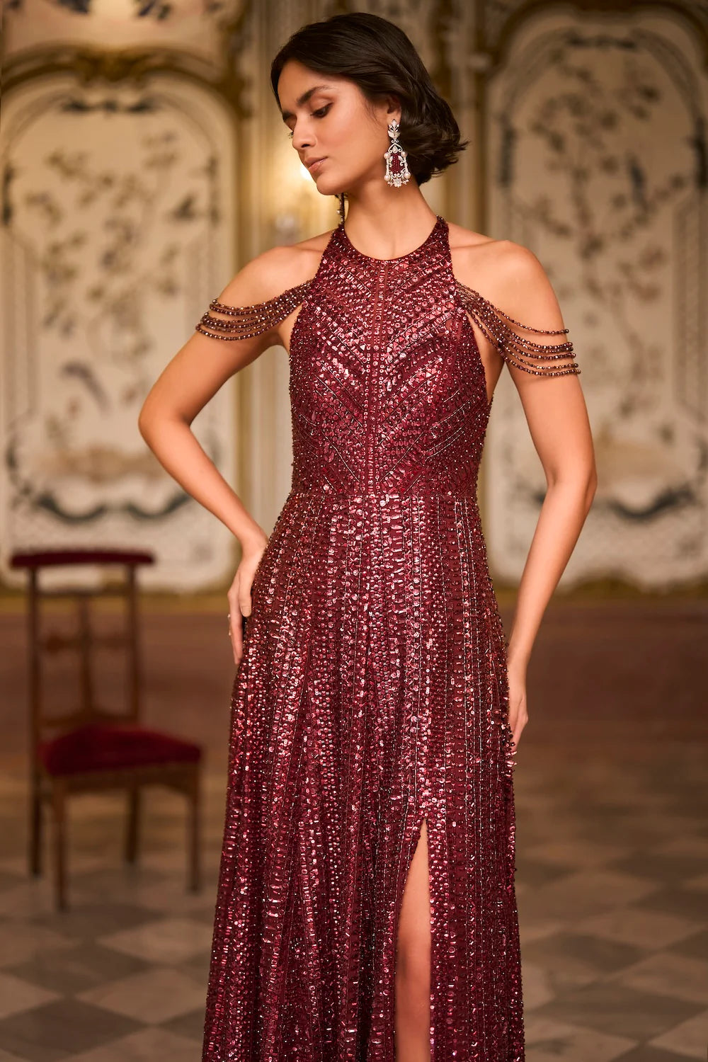 Seema Gujral - Maroon Sequin Halter Neck Gown