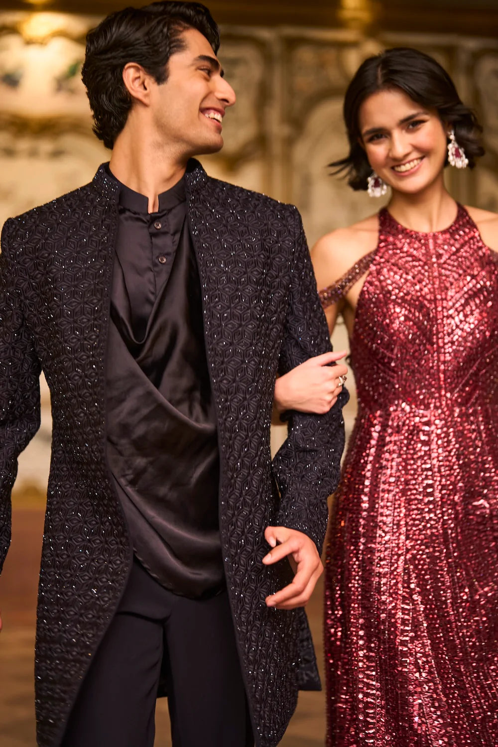 Seema Gujral - Maroon Sequin Halter Neck Gown