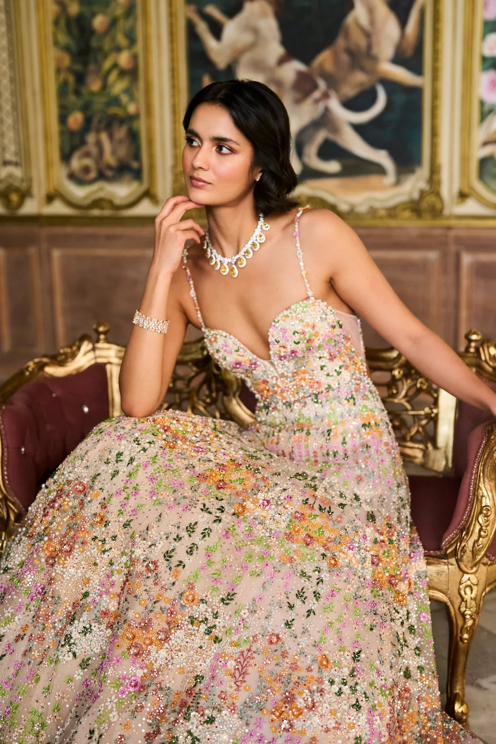 Seema Gujral - Nude Multi-Coloured Floral Gown