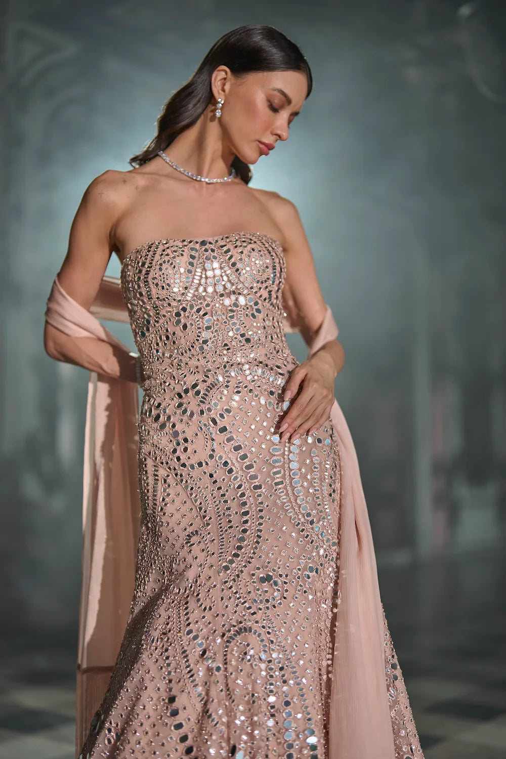 Seema Gujral - Rose Gold Mirror Work Gown