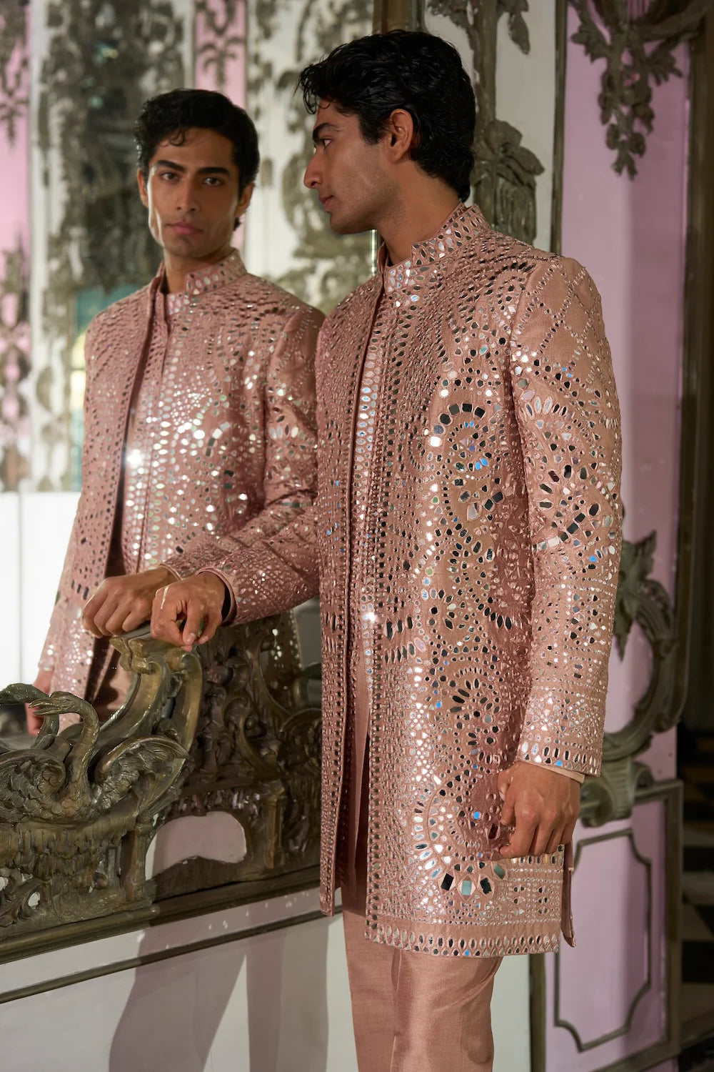 Seema Gujral - Rose Gold Mirror Work Sherwani Set