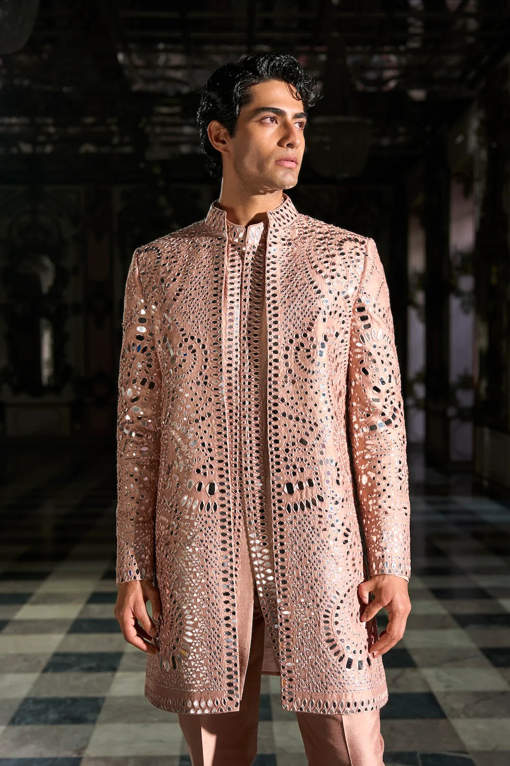 Seema Gujral - Rose Gold Mirror Work Sherwani Set